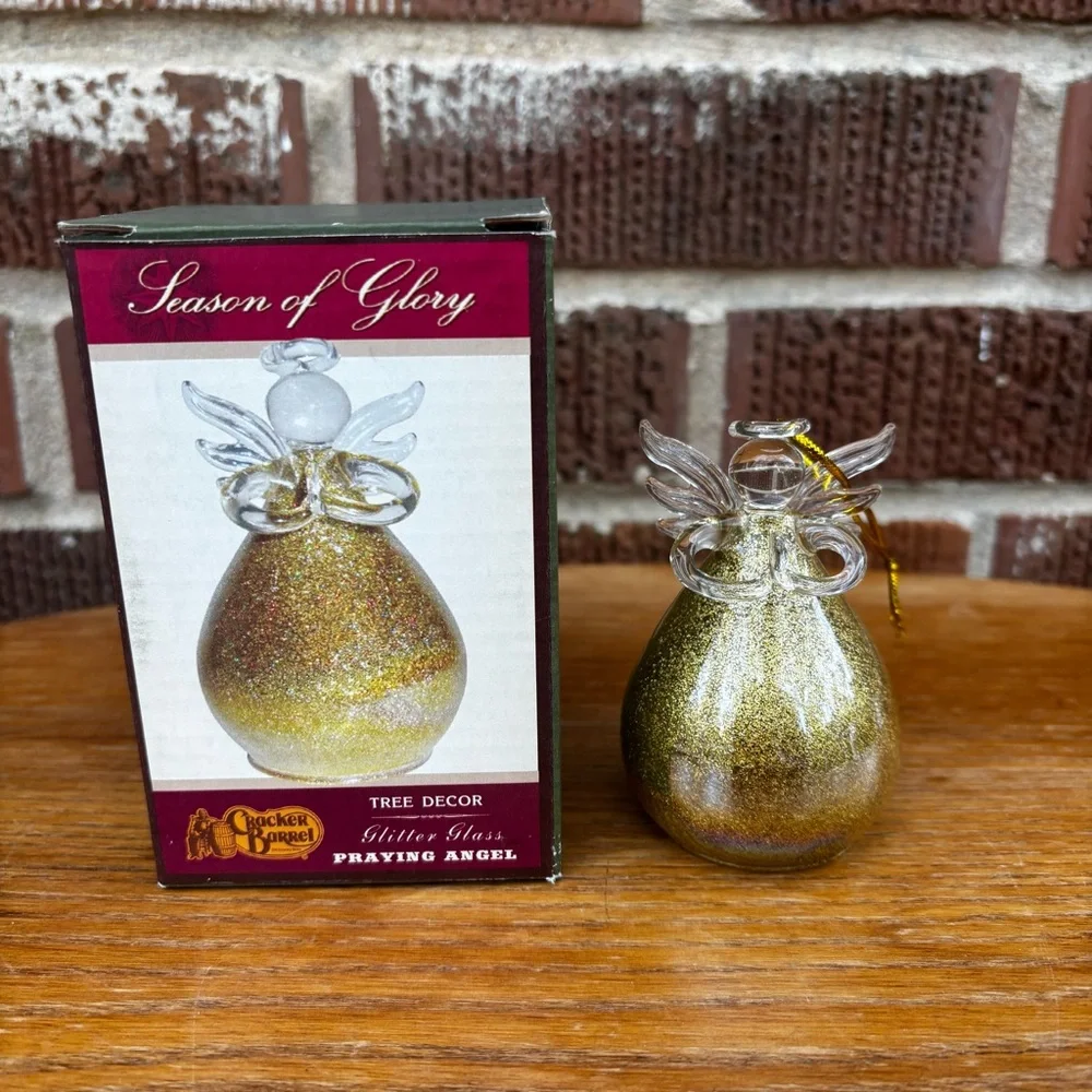 Praying Angel Ornament Cracker Barrel Season of Glory Gold Glitter Glass 3